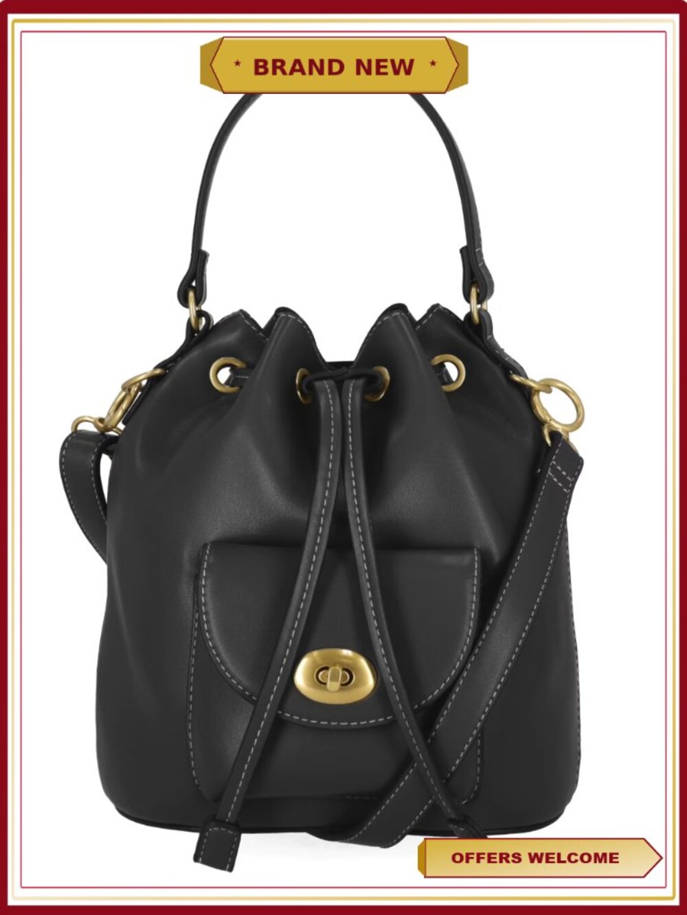 Faux Leather Drawstring Handbag with Gold-Tone Grommets